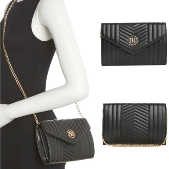 NWT Badgley Mischka Chevron Quilted Black Clutch/Crossbody with Gold Chain - Picture 3 of 10